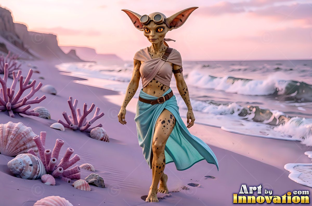 Walking forward along a pink sandy beach, a spotted alien woman wears goggles