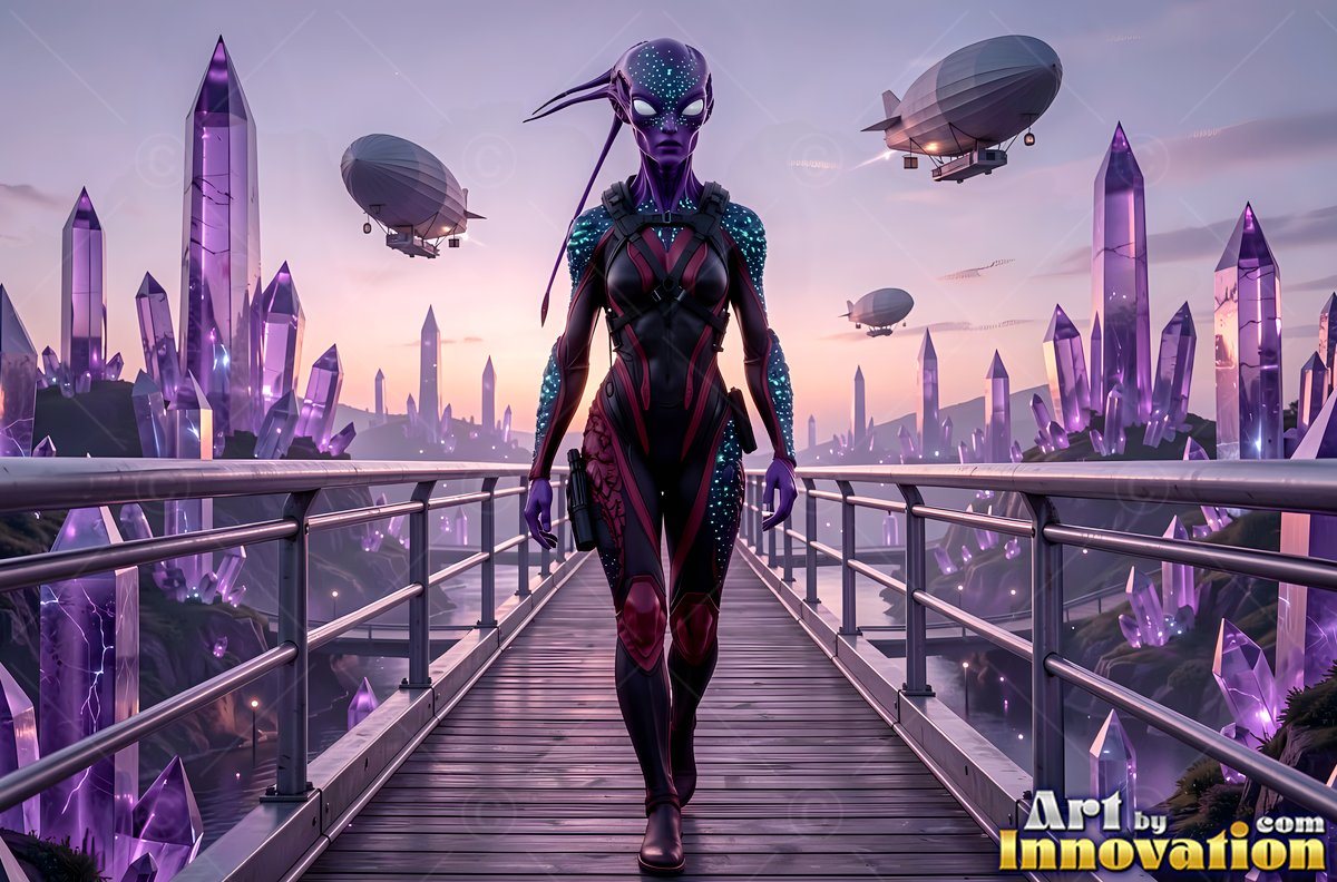 A purple alien woman steps forward down a bridge past giant crystals under blimps