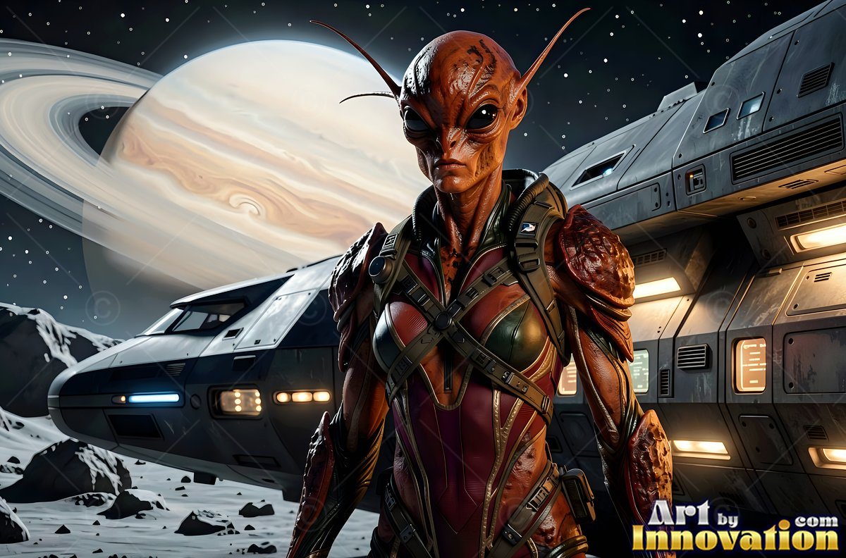 On a rocky moon, an alien woman pauses by a spaceship near a ringed planet
