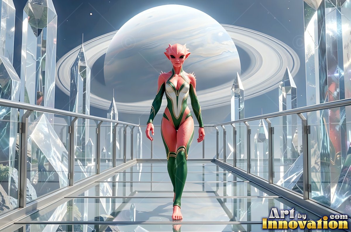 Walking down a glass bridge, a pink alien woman faces forward before a ringed planet
