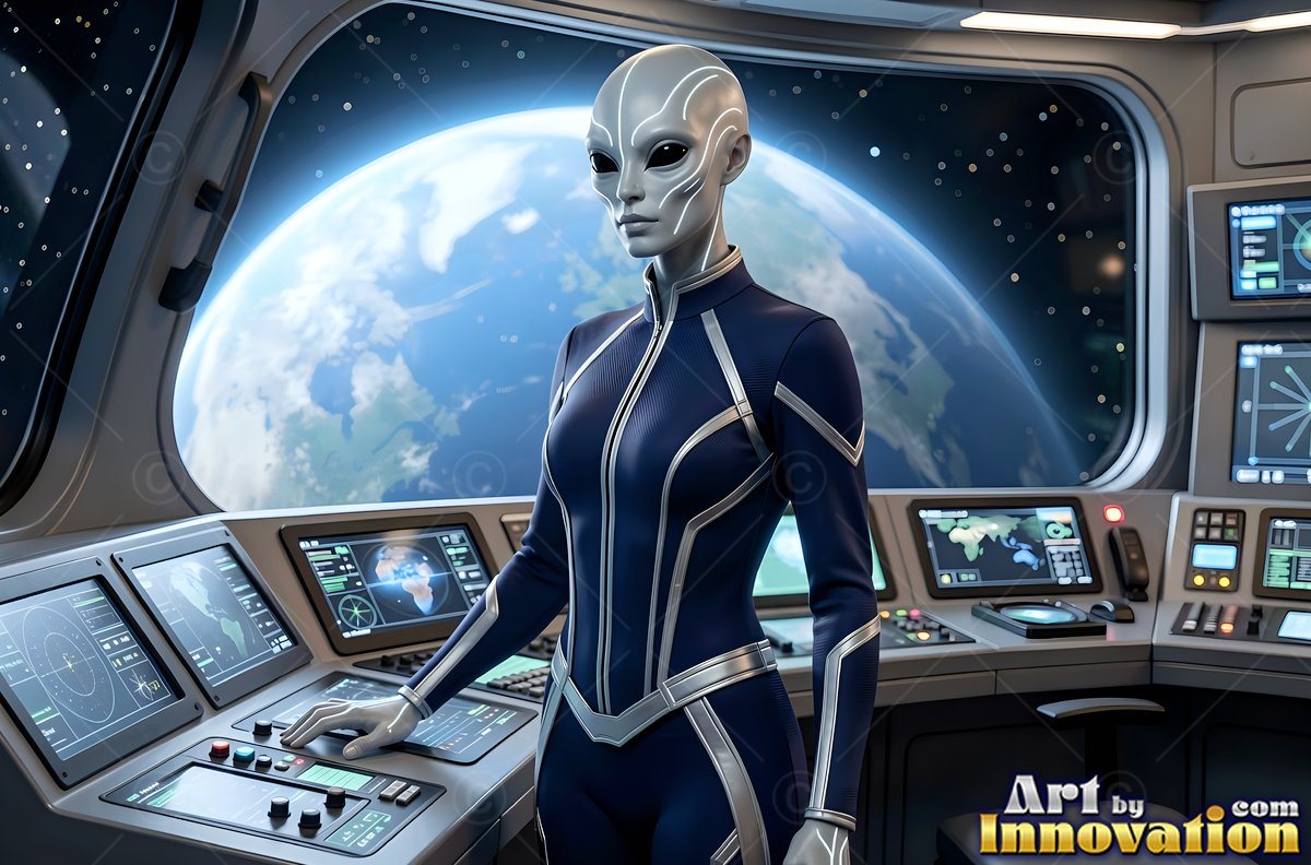 Alien woman in a blue suit at a spaceship control panel