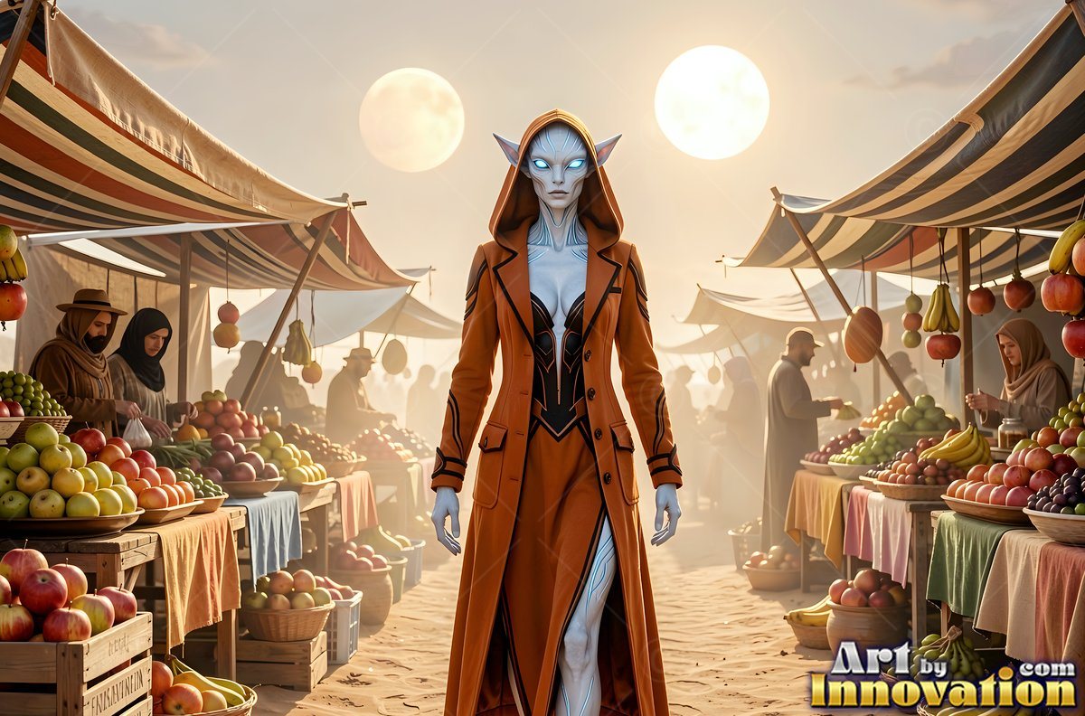 Wearing a long orange hooded coat, a pale alien woman steps forward through a desert fruit market under twin suns