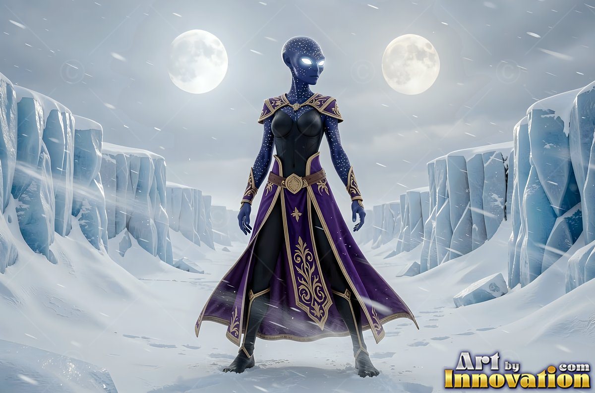 A blue starry-skinned woman stands in a snowy canyon under pale twin moons