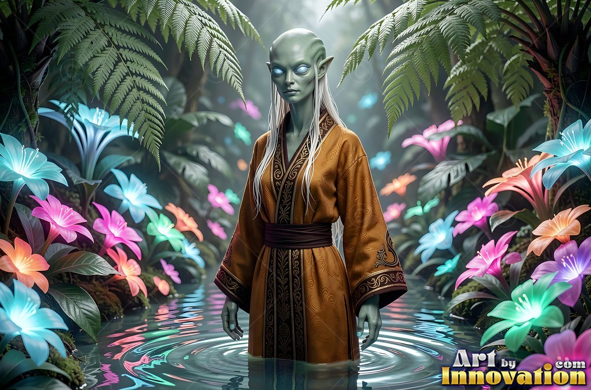 Standing waist-deep in a jungle stream, an alien woman wears a brown robe