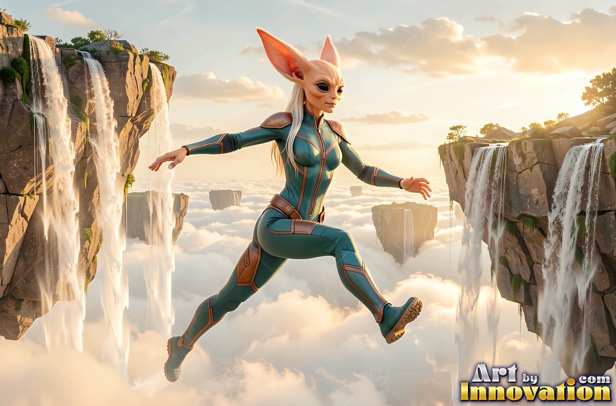 An alien woman with big ears leaps through the air by floating waterfalls