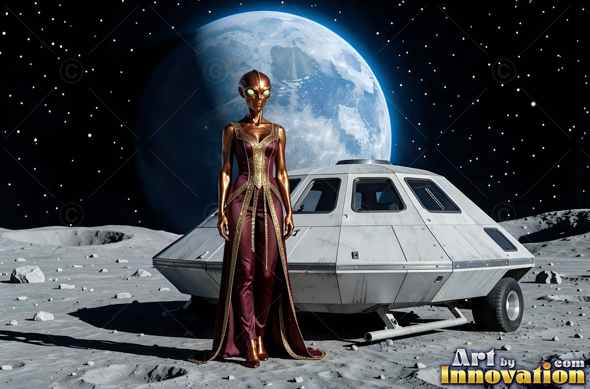On a gray moon, a bronze alien woman in a red gown stands by a white lander
