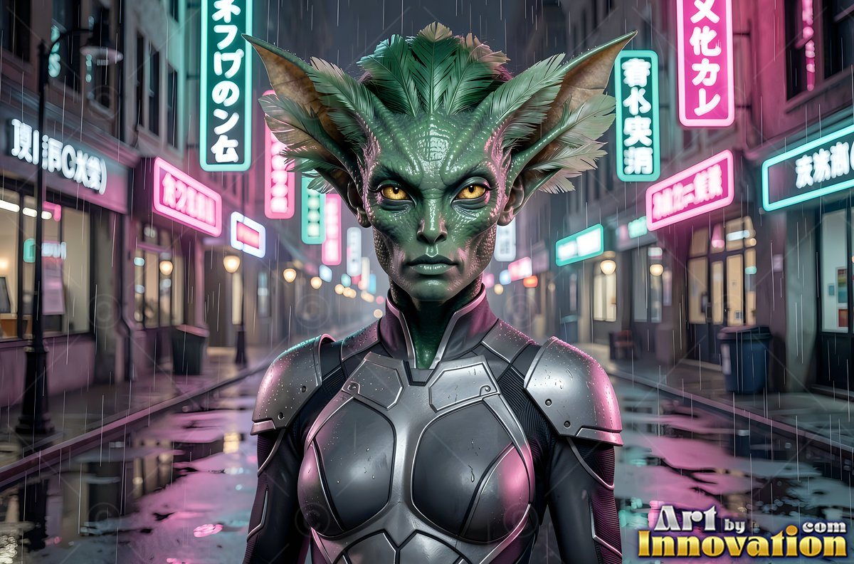 Standing in the rain, a green alien woman in dark armor looks ahead on a city street