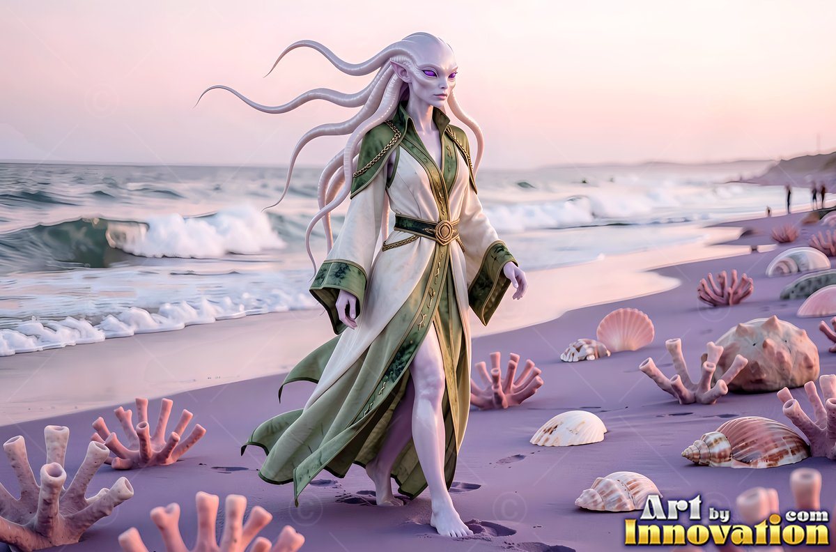 Pale alien woman in a green robe walking on a purple beach
