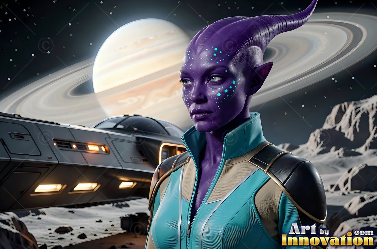 Purple horns sweep back from an alien woman standing by her spaceship on a ringed moon