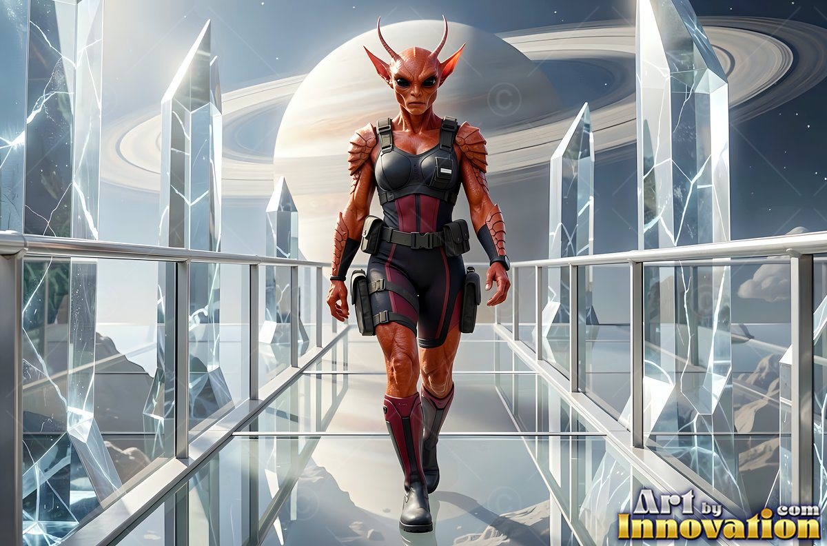 A horned red alien woman makes her way along a glass bridge under a bright ringed planet