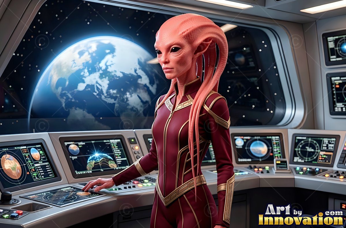 Standing at a spaceship console, a pink alien woman looks toward a blue planet