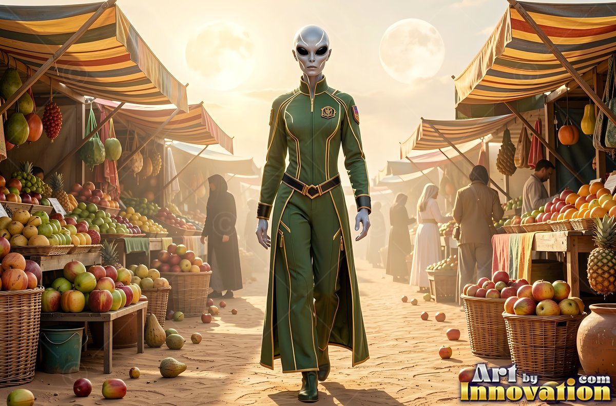A gray alien woman in a green coat walks through a sunny fruit market