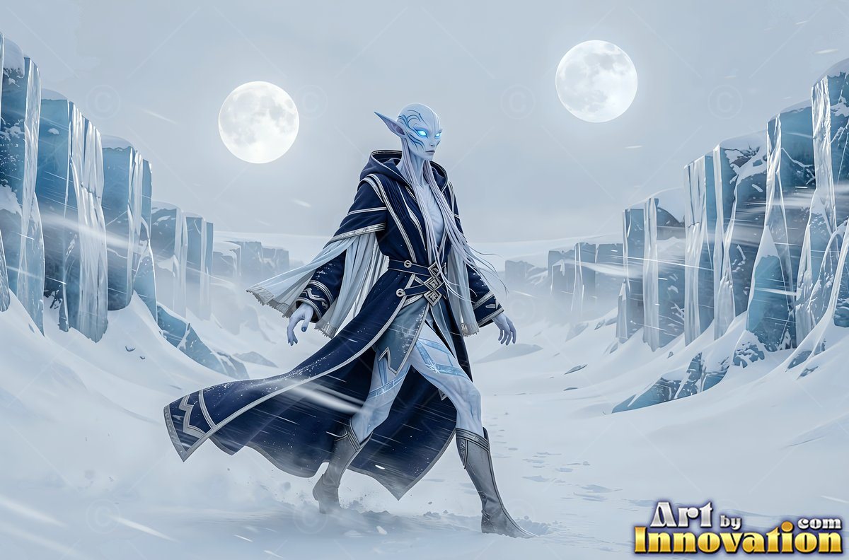 On a frozen plain under two moons, a blue-skinned woman walks in a dark coat