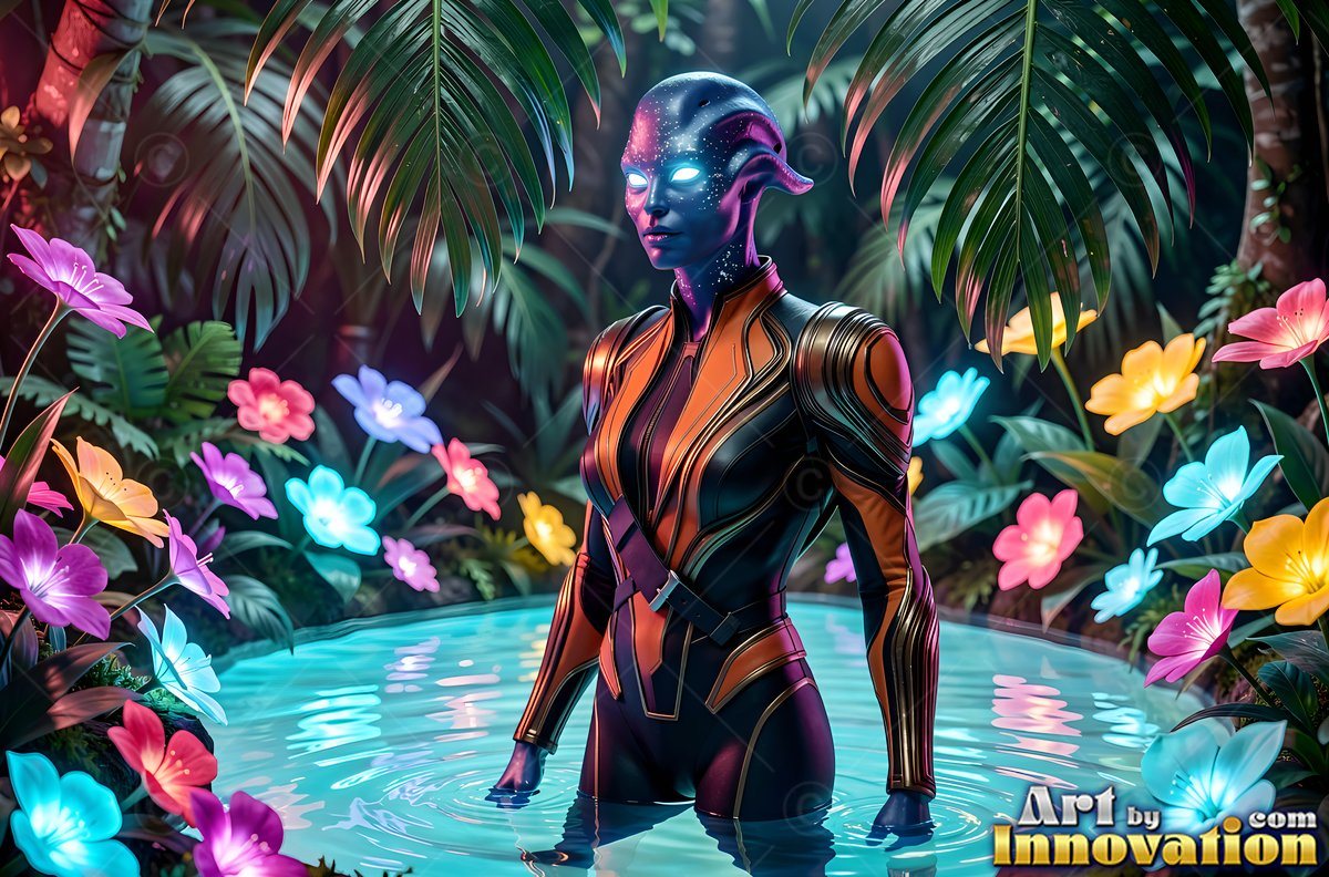 Wading in clear water, a blue alien woman stays in place among bright tropical flowers
