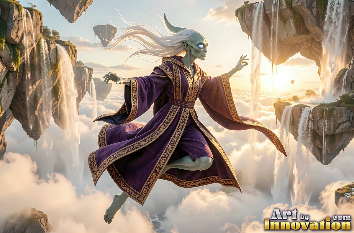 Horned alien woman in purple robes floats near floating islands