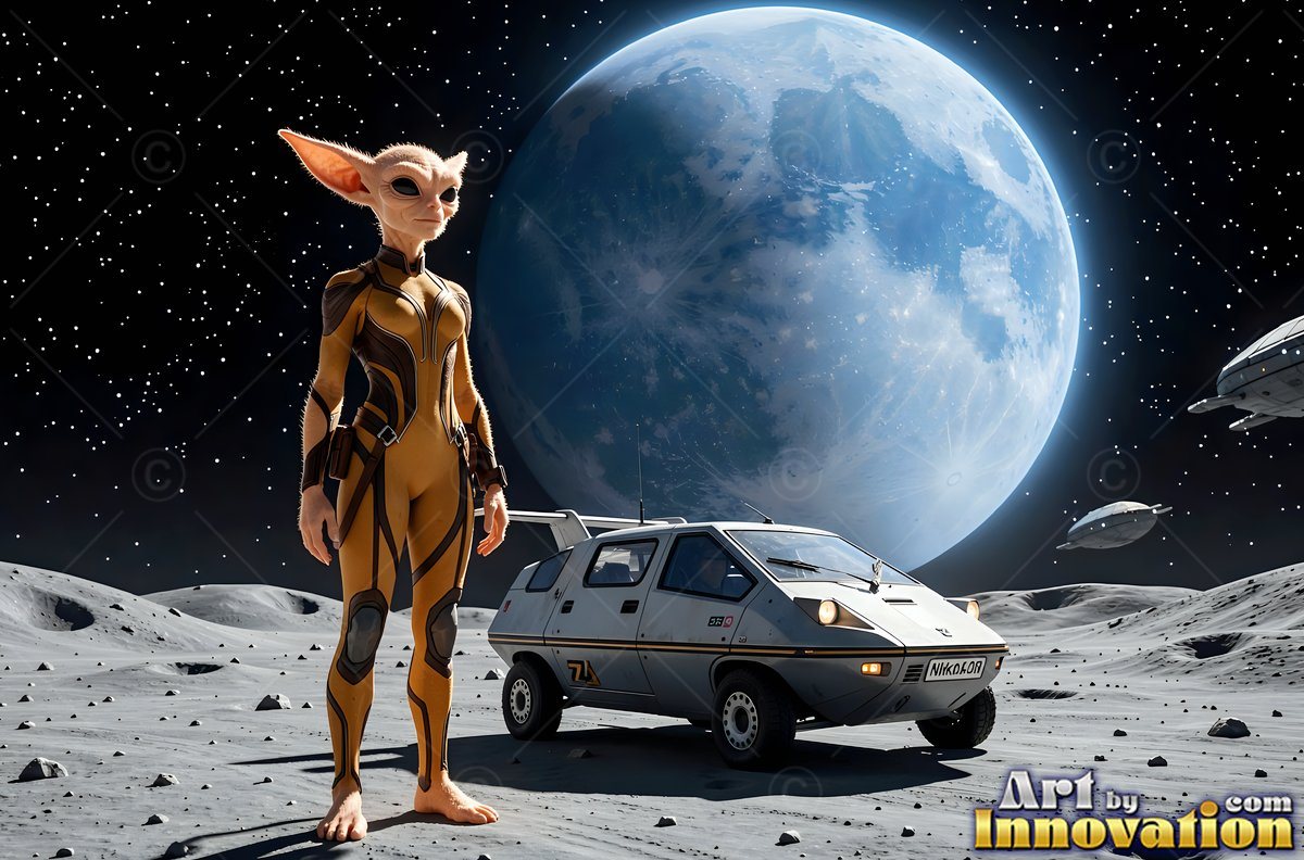 Large pointed ears frame a slender alien woman in a yellow suit standing on a rocky moon by a rover