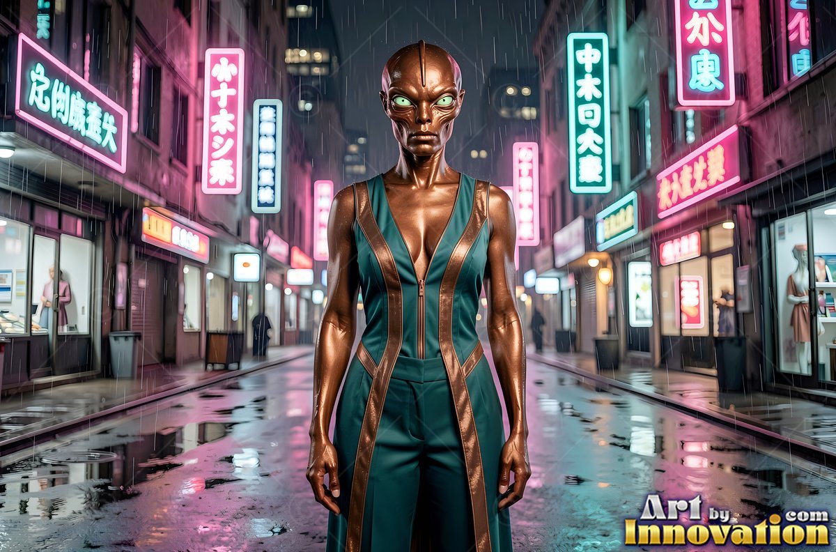 A bronze alien woman stands on a wet city street between bright neon signs
