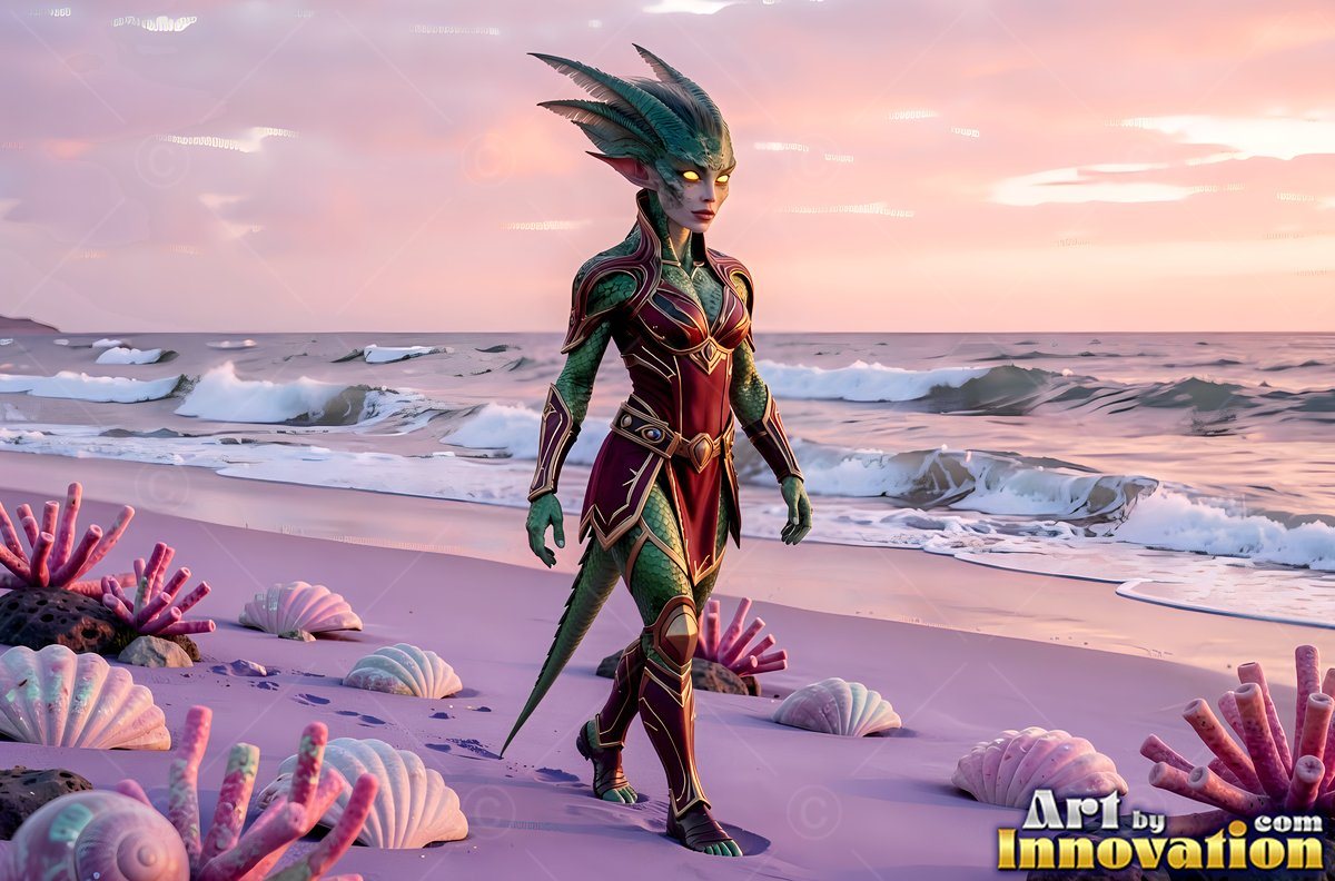 Walking along a pink sand beach, a green alien woman wears red armor