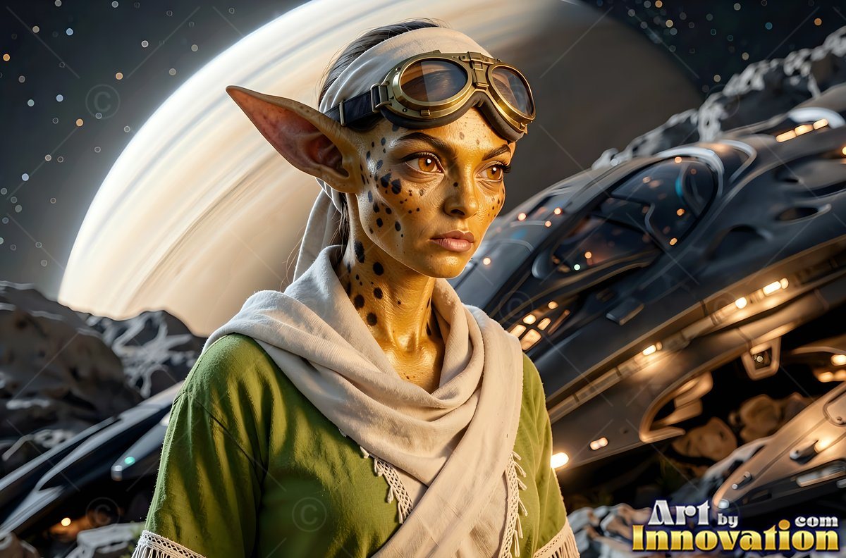 A spotted alien woman in goggles stands near a spaceship by a ringed planet