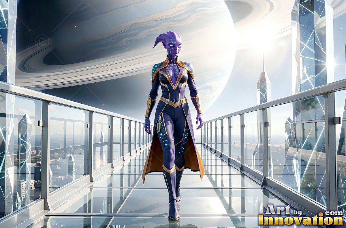 On a high glass walkway, a purple alien woman makes her way toward the front in a dark suit