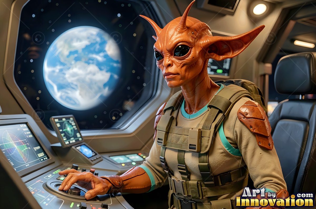 Steering a spaceship, an orange-skinned alien woman sits before a large planet window
