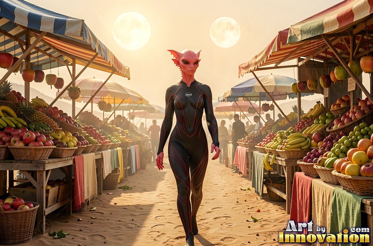Pink alien woman walks through an outdoor fruit market under two suns