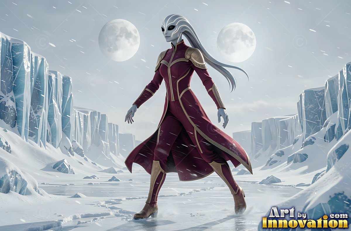 Wearing a red coat, a pale alien woman walks across snowy ice beneath two moons