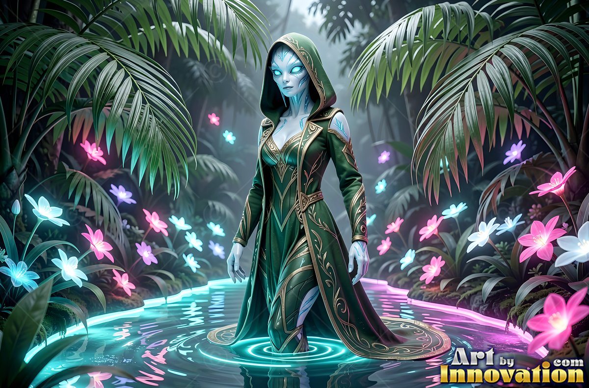 A hooded blue alien woman stands in a jungle pool lit by neon water