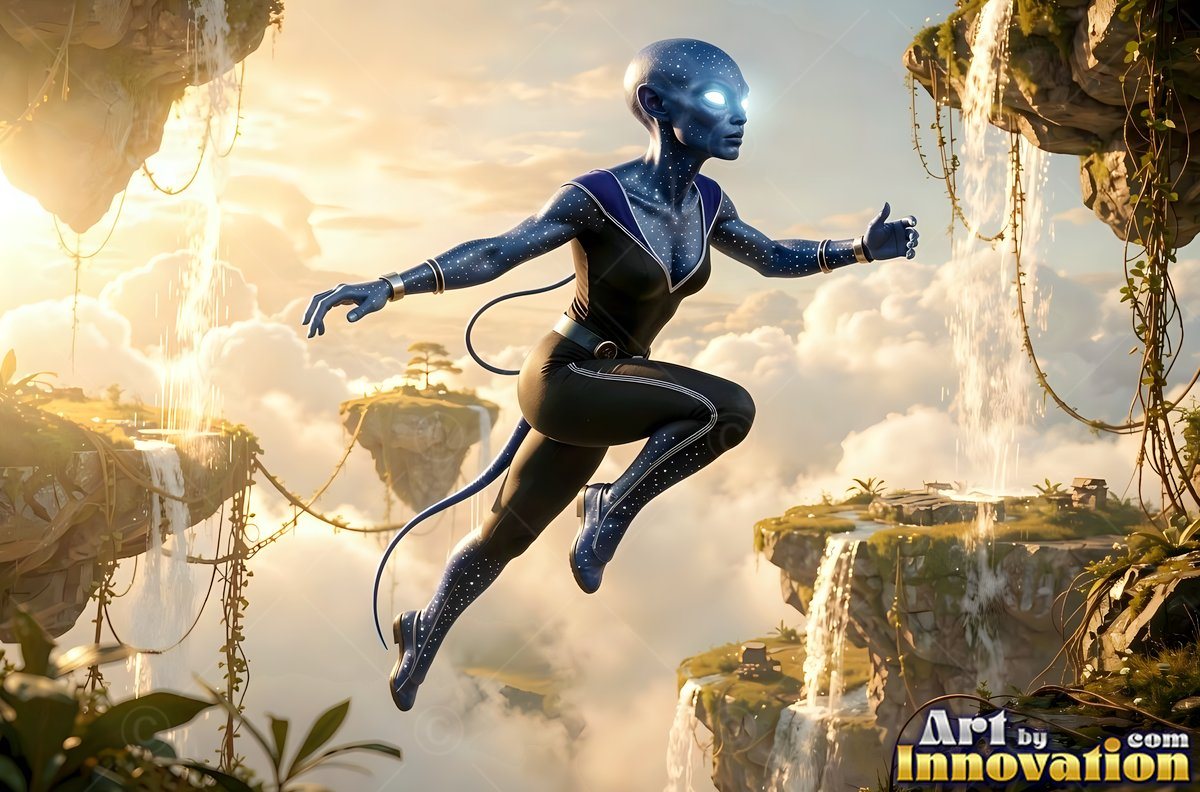 Leaping in mid-air above floating islands, a blue alien woman flies in sunlight
