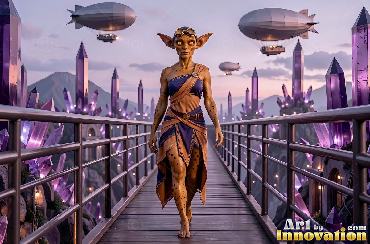 A spotted alien woman in goggles walks across a bridge past purple crystals