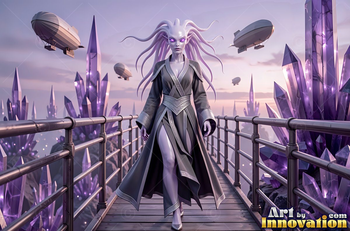On a bridge past purple crystals, a pale alien woman travels on foot forward in a dark robe
