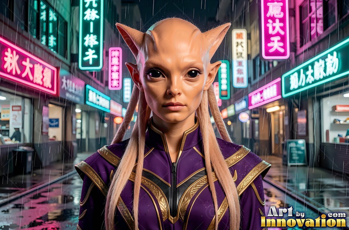 Standing on a rainy street, an alien woman in purple robes looks ahead under neon signs