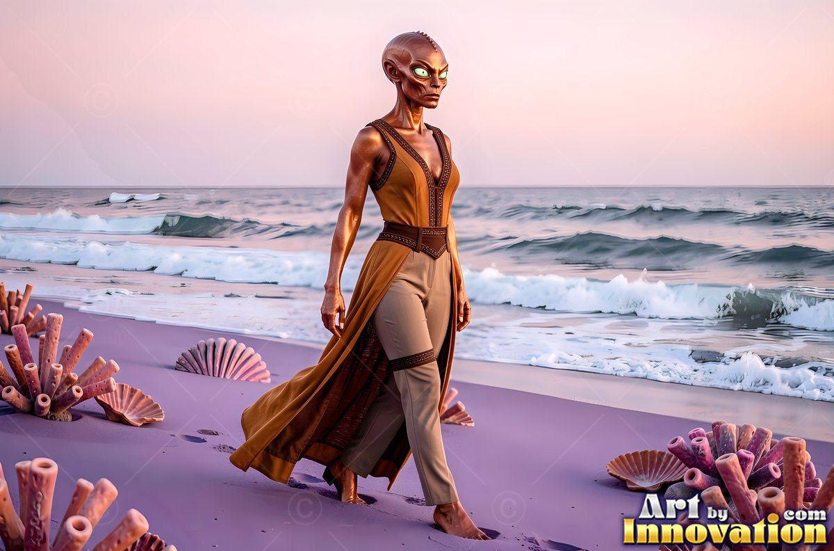 An alien woman walks barefoot on a purple beach