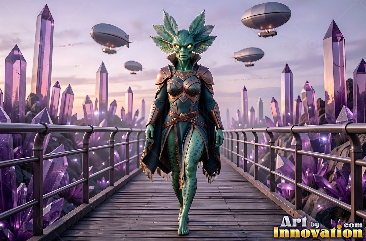 Leaf-shaped crests frame an armored woman walking a wooden bridge past tall purple crystals