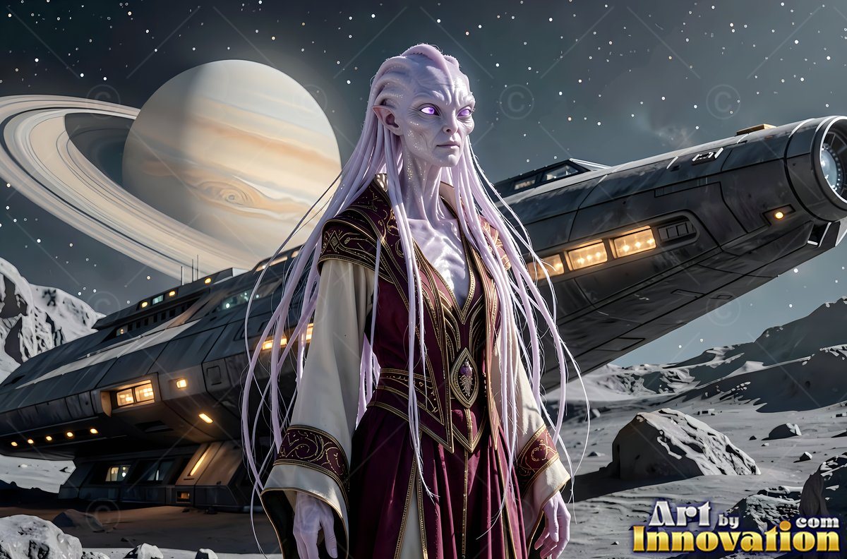 A purple-skinned alien woman stands before a spaceship under a ringed planet's soft light