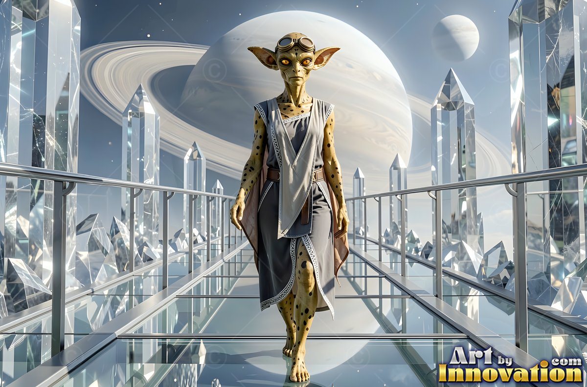 Walking forward on a glass bridge, a yellow spotted alien woman passes tall crystals