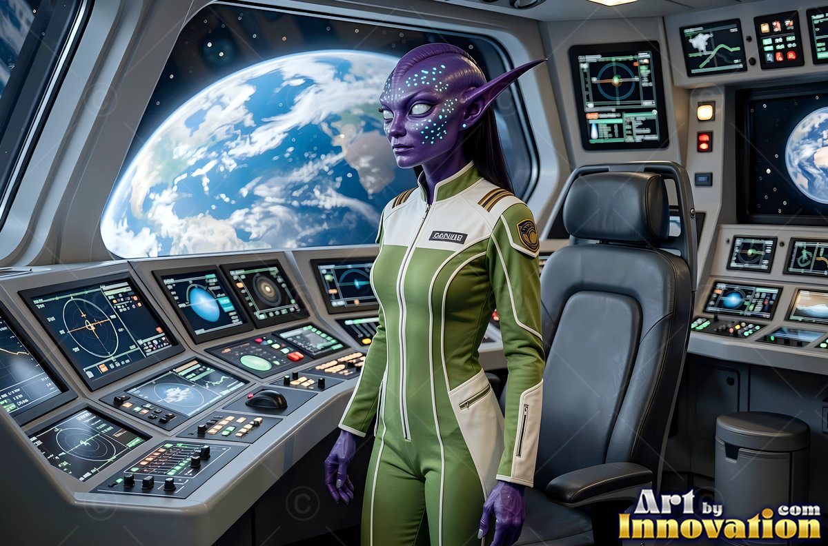 A purple alien woman in a green uniform stands at a spaceship control panel by a view of Earth