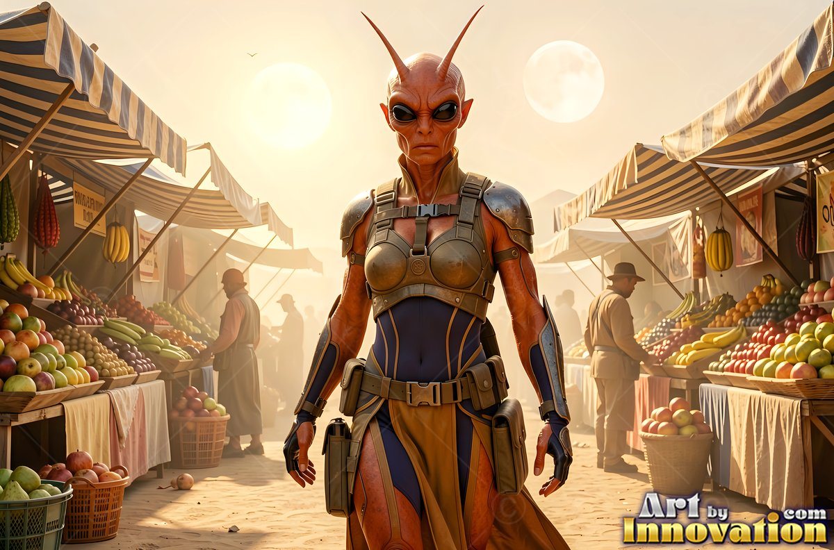 In a sunlit outdoor market, an orange alien woman stands wearing armor
