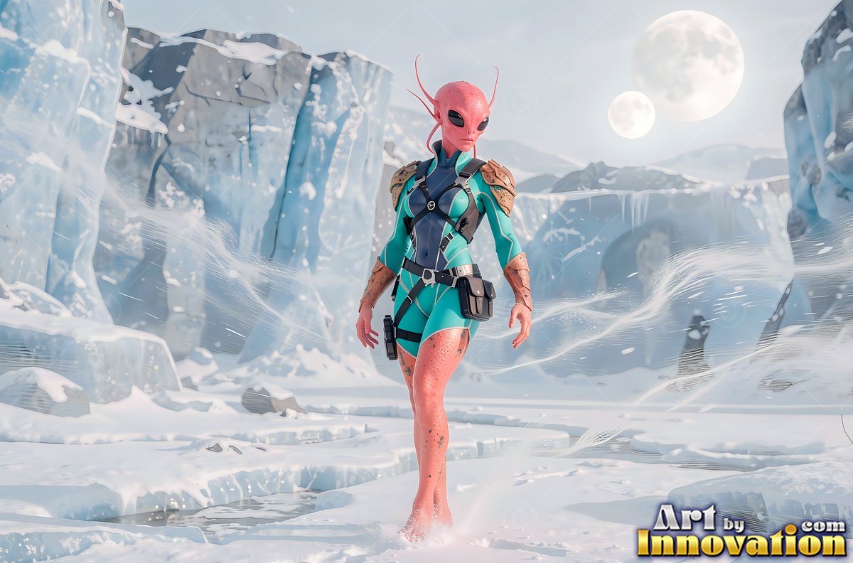 Walking across the snow, a pink alien woman wears a teal suit under two moons