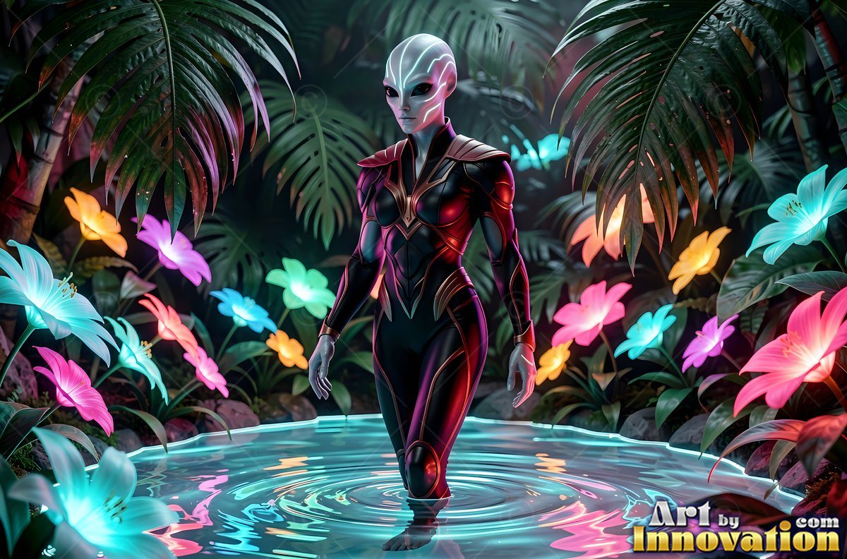 Alien woman in a dark suit standing in water near bright flowers