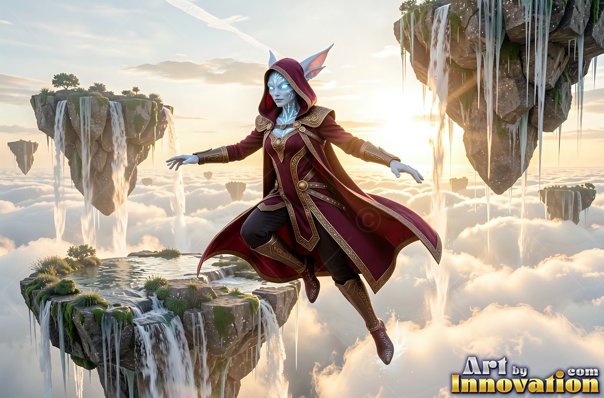 In a red hooded robe, a pale alien woman leaps through the sky by floating rocky islands