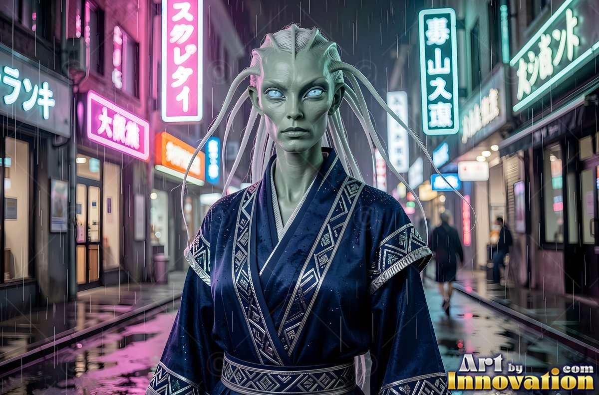 A pale green alien woman stops on a rainy city street under pink neon lights