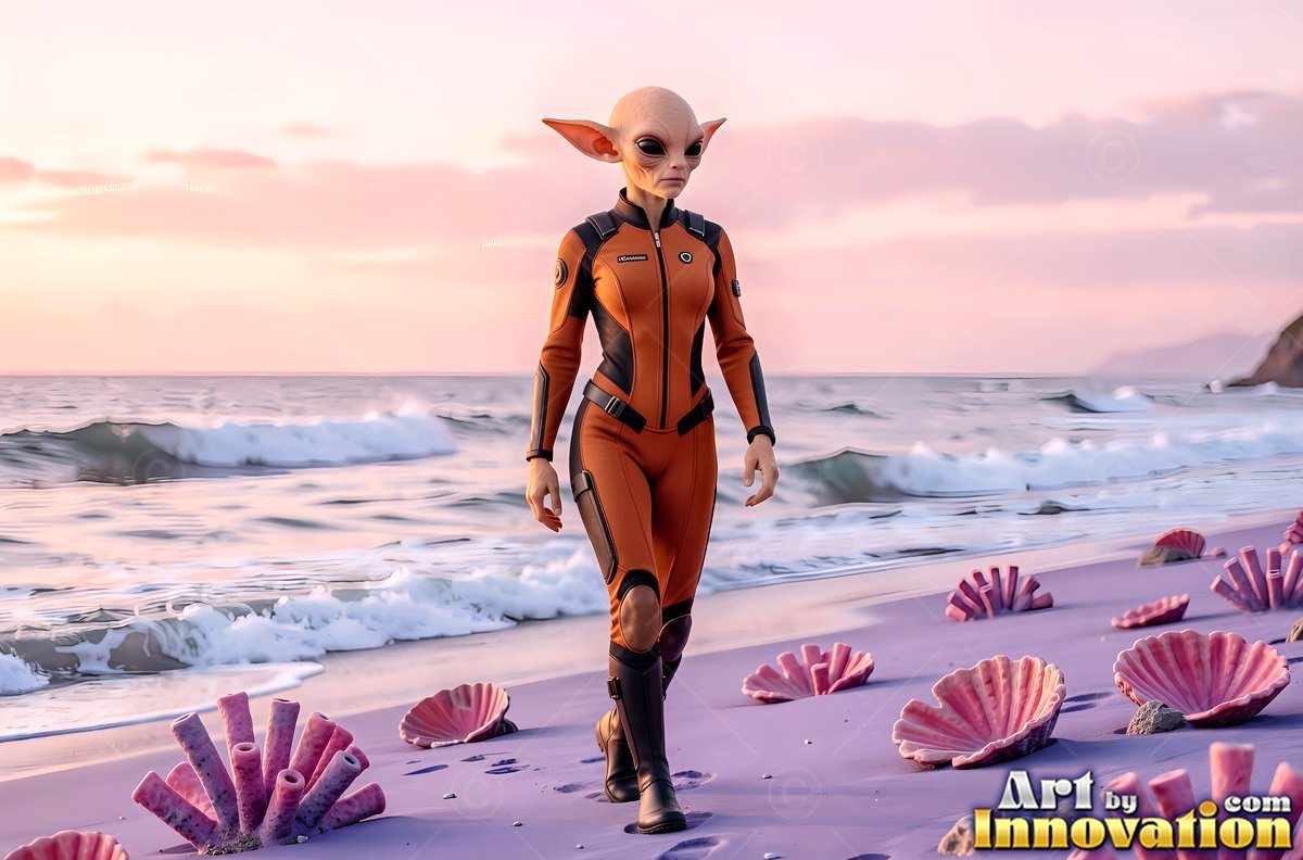 Walking along a purple beach, an alien woman wears an orange flight suit