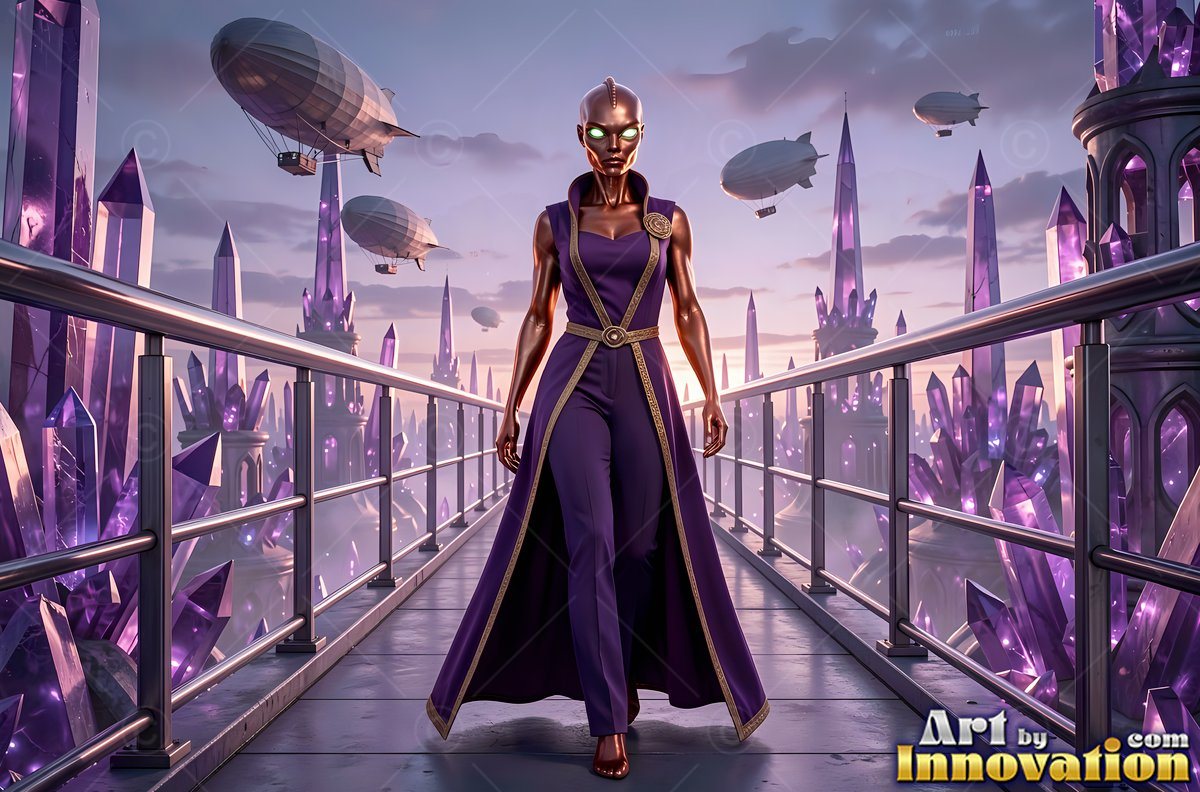 An alien woman in a purple robe walks down a bridge past tall crystal towers