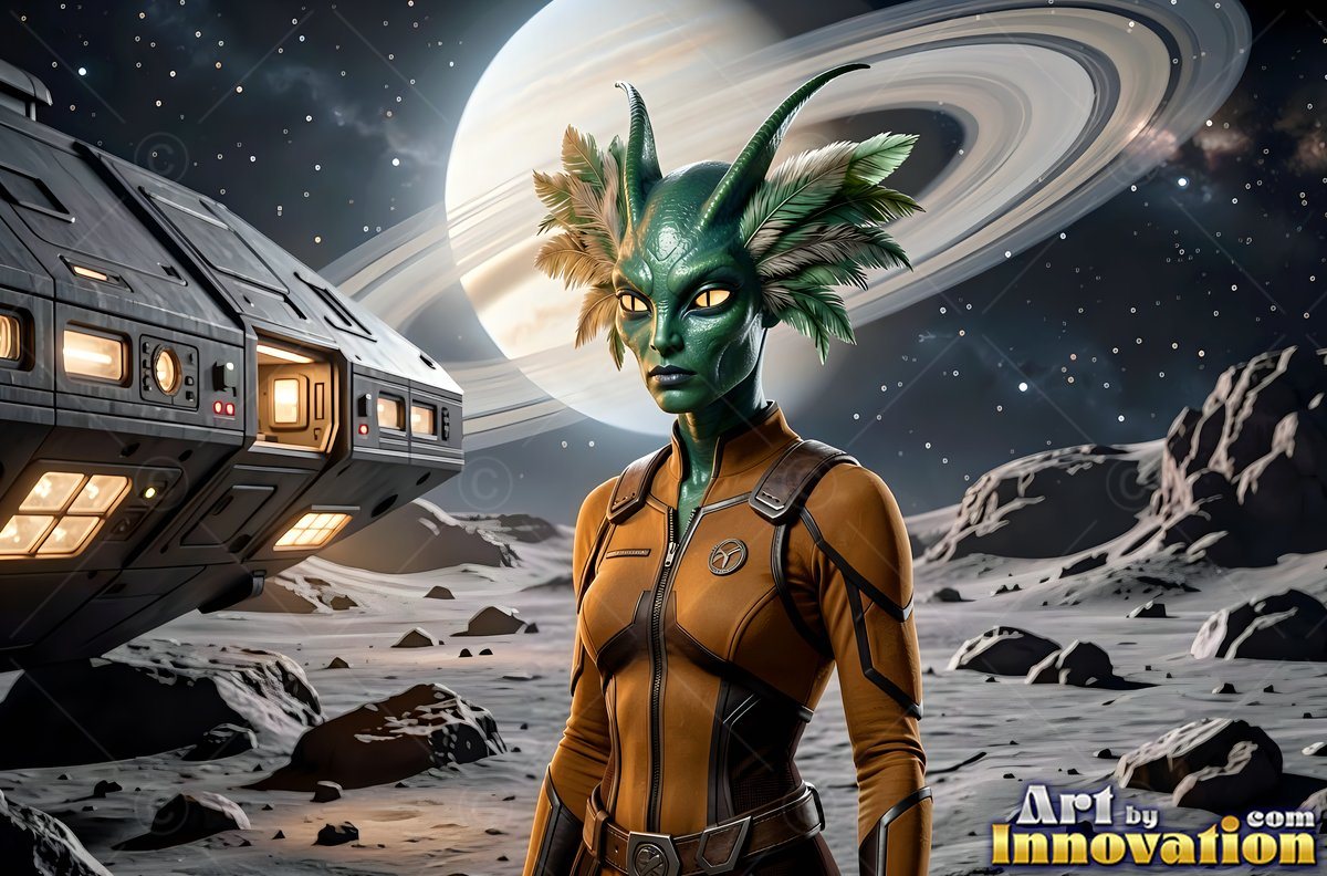 On a rocky moon, a green alien woman stands in an orange flight suit near a spaceship