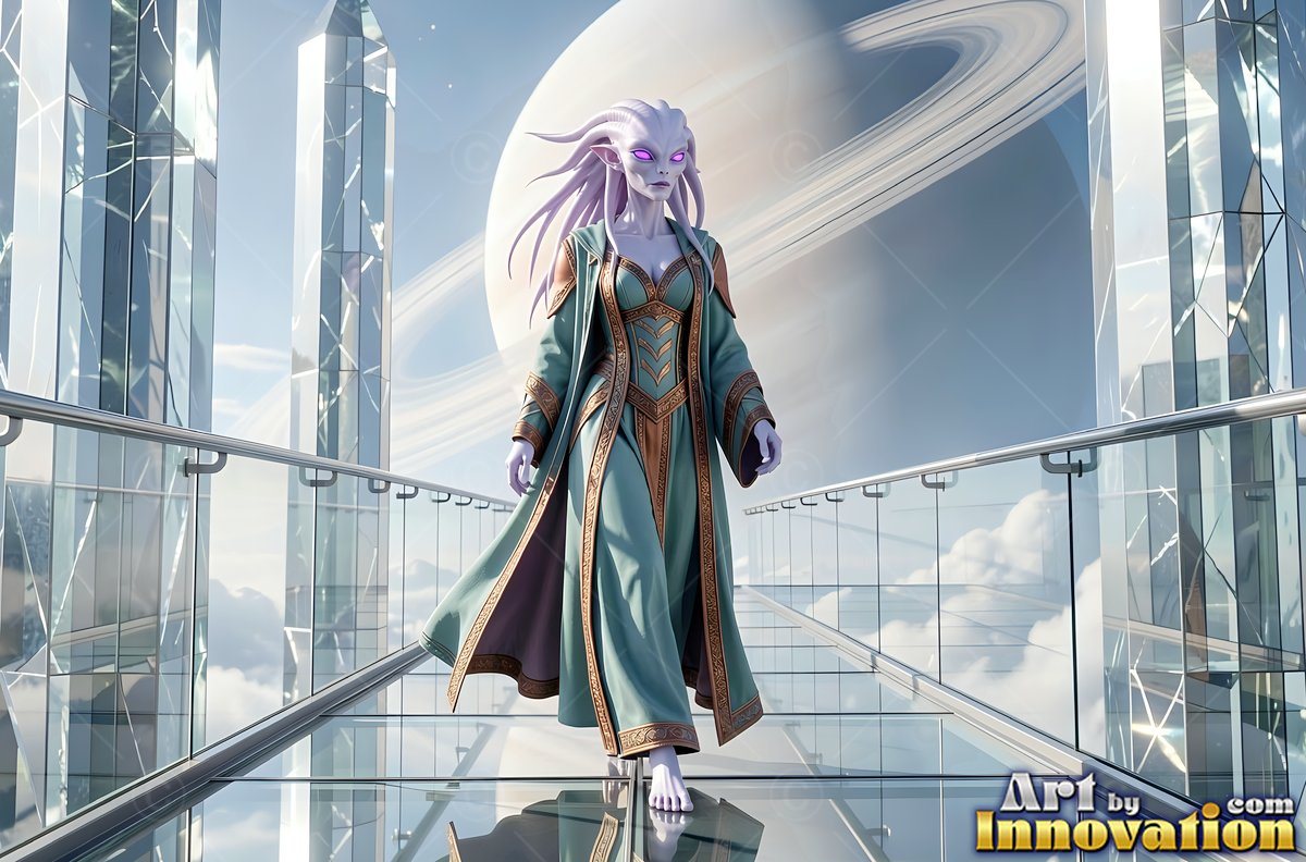 Walking along a glass bridge, a purple alien woman wears a flowing green robe