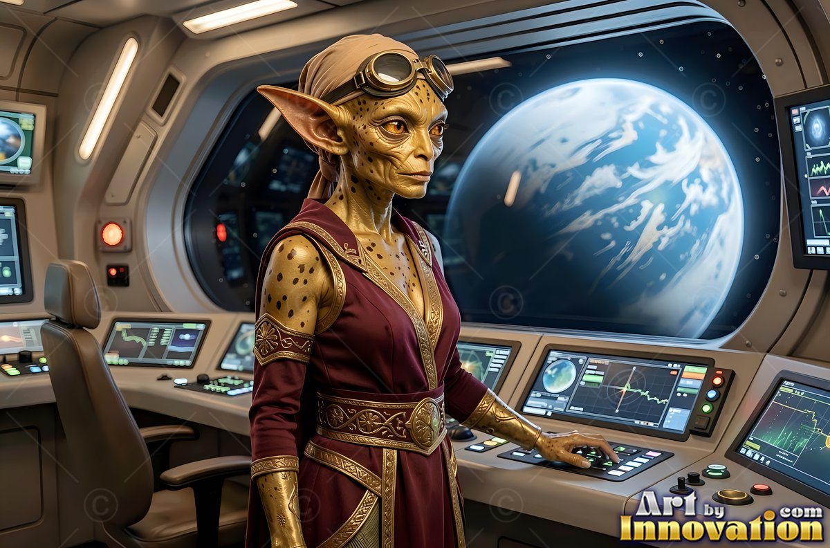 Alien woman in goggles standing at a spaceship control panel