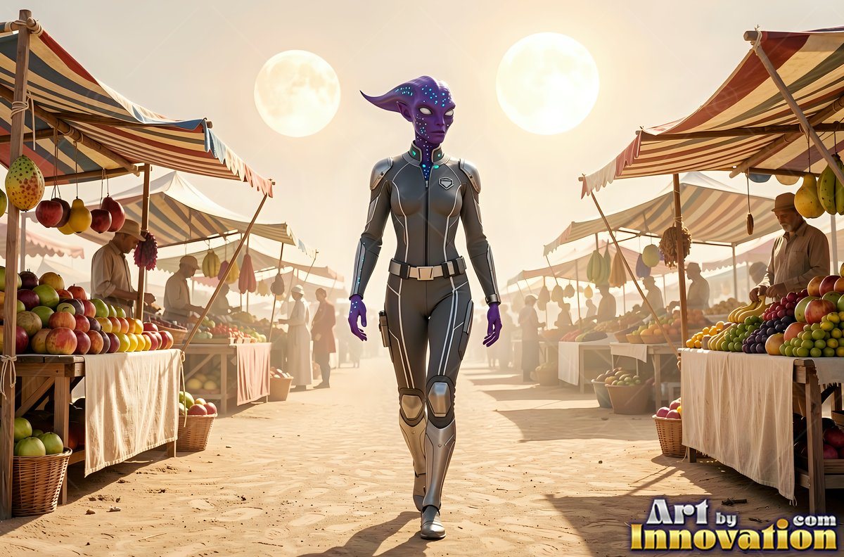In a gray flight suit, a purple alien woman makes her way through a sunny desert market under two suns