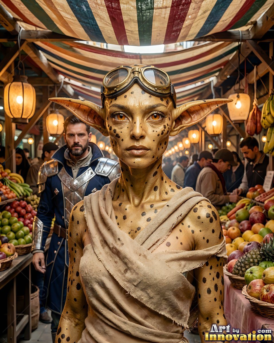 An alien woman with large pointed ears walks through a market lit by warm yellow lanterns