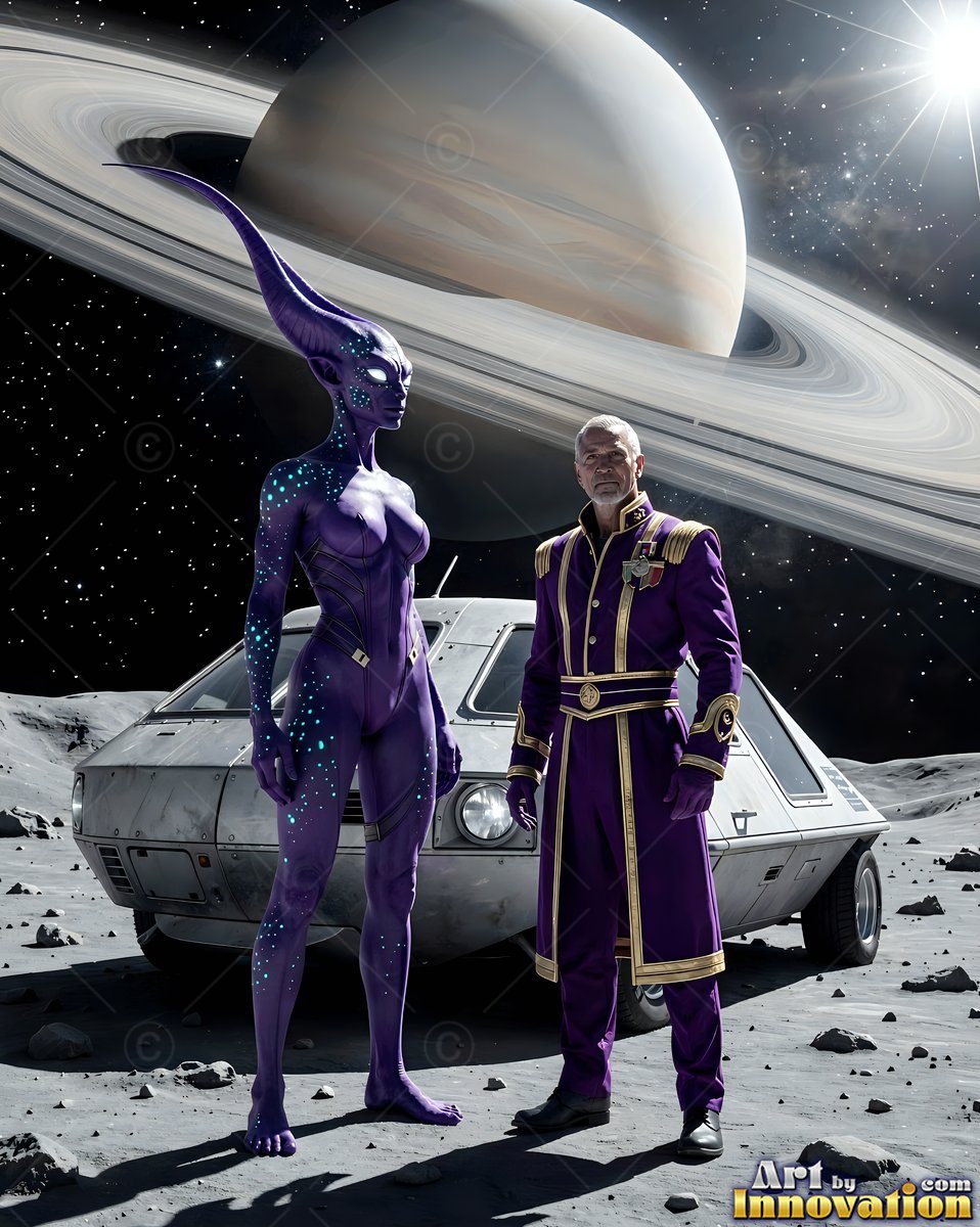 Standing beside a man on a rocky moon, a purple alien woman poses by a rover